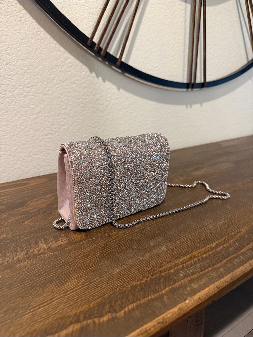 David's Bridal Blush Pink Crystal Mini Shoulder Bag with Silver Chain